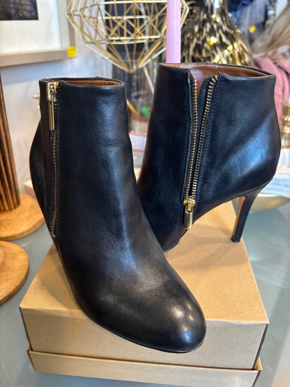 Banana Republic Black Leather Ankle Booties with Gold Zipper Detail